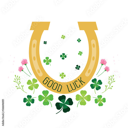 Horseshoe with clover leaves, flowers and good luck text. Symbol of success. 