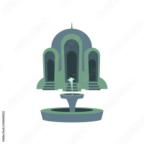 Abstract boho green building and fountain. Vector illustration of minimalist building with geometric style. Cartoon minimal building with arches or doors, stairs and fountain isolated on white