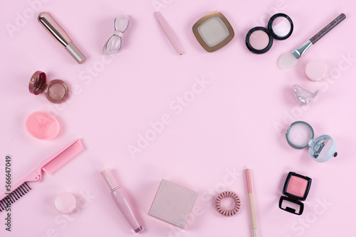 Flat lay beauty and fashion with lipsticks, powder lip gloss on pink background Essential beauty items Beauty Frame Cosmetics Fashion