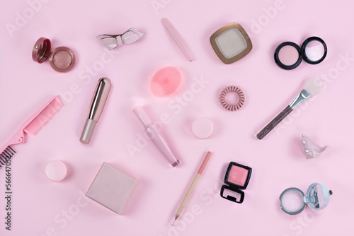 Flat lay beauty and fashion with lip sticks, powder lip gloss on pink background Beauty Cosmetics Fashion