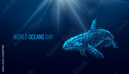 World oceans day. Wireframe glowing low poly Orca whale. Design on dark blue background. Abstract futuristic vector illustration