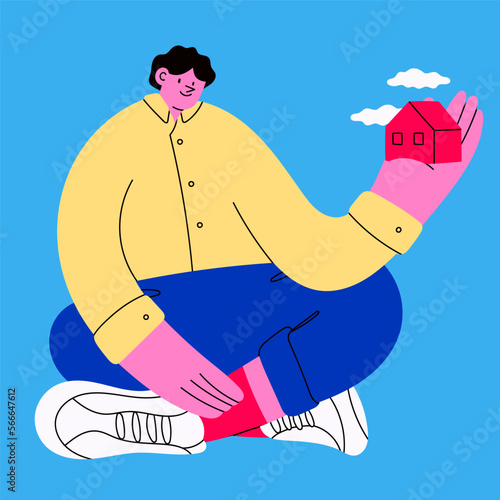 Young person sitting and holding tiny house, small building. Cute cartoon character with small head. Hand drawn Vector illustration. Real estate, property, housing, design studio, sweet home concept