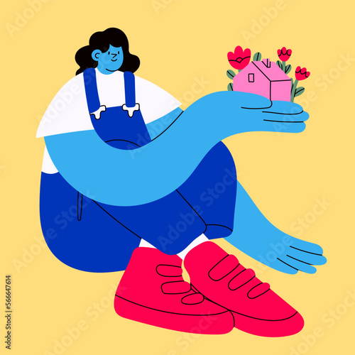 Young person sitting and holding tiny house, small building. Cute cartoon character with small head. Hand drawn Vector illustration. Real estate, property, housing, design studio, sweet home concept