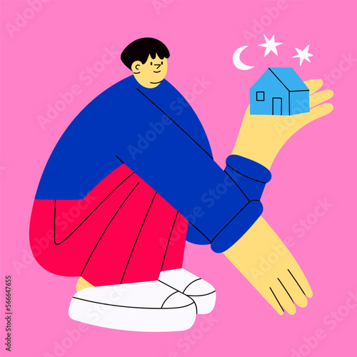 Young person sitting and holding tiny house, small building. Cute cartoon character with small head. Hand drawn Vector illustration. Real estate, property, housing, design studio, sweet home concept