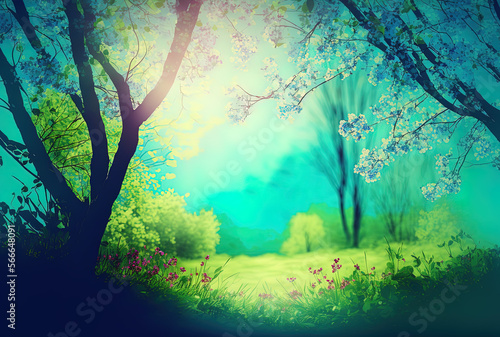 Blooming trees in spring on sunny day with beautiful carpet of green young grass in rays of sunlight. Spring natural landscape background. Generative AI.