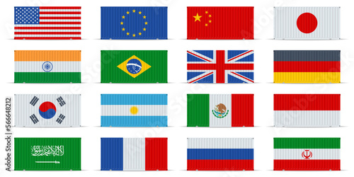 Flat shipping container with flag of the United States, India, Brasil, UK, Germany, Korea South, Argentina, Mexico, Indonesia, Saudi Arabia