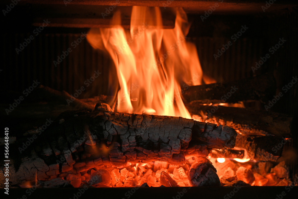 flame in a fireplace close up