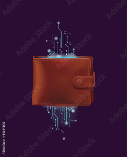 Internet commerce lather brown wallet with technologies inside on dark background