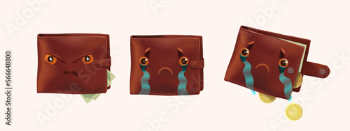 set of business icons, brown leather wallet emoji, angry, sad, crying, broke, budget, poor, stress, payment, economy, golden coins fall, vector isolated realistic illustration