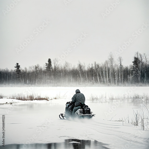 Persona no reconocible utilizando una moto de nieve en un paisaje nevado. Imagen generada con AI
