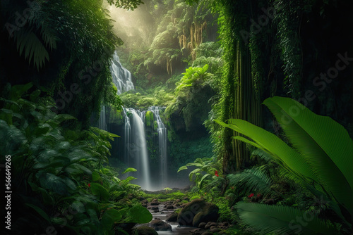 A waterfall surrounded by lush greenery in a tropical jungle, 