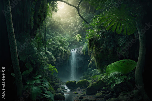 A waterfall surrounded by lush greenery in a tropical jungle, 