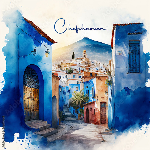 Belíssima aguarela de Chefchaouen, a cidade azul de Marrocos, Generative ai, Africa photo