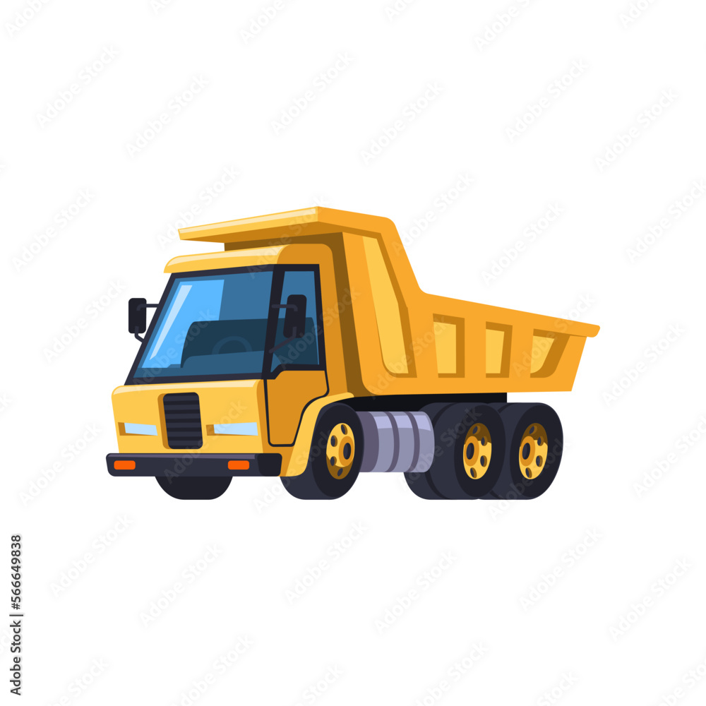 Cartoon truck for industrial transportation isolated on white. Construction equipment. Vector illustration of element for engineering. Machinery, building work concept