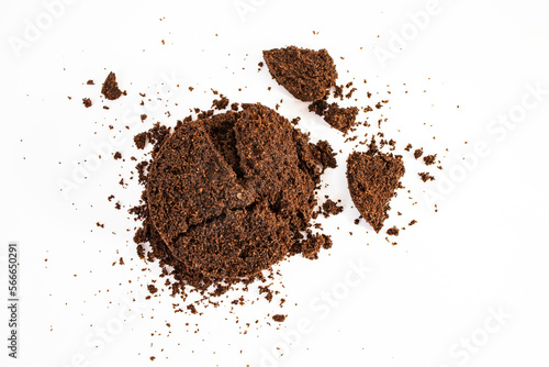 Dried coffee puck isolated on white background