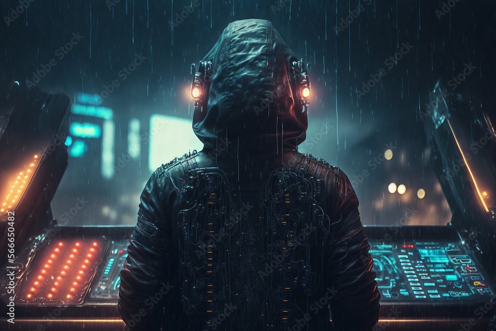 rainy nights on a submarine, attractive male DJ playing on detailed ...