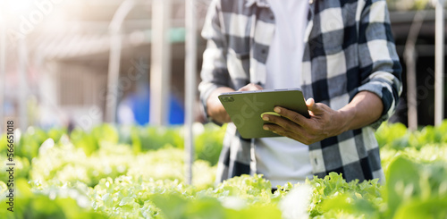 Smart farming and farm technology concept. Smart young asian farmer man using tablet to check quality and quantity of organic hydroponic vegetable garden at greenhouse in morning.