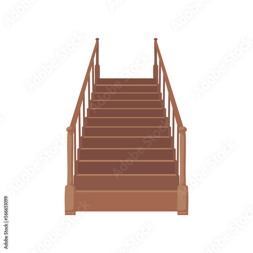 Wooden staircase with handrails flat vector illustration. Modern stairway for cottage or apartment isolated on white background. Home interior concept