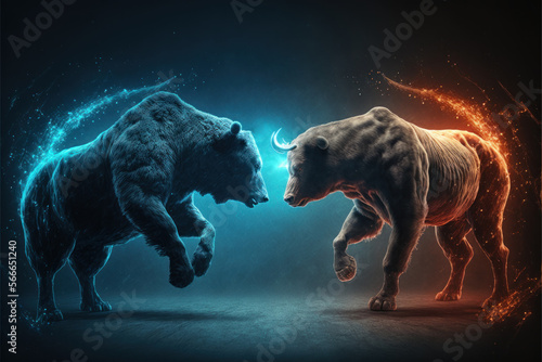Bull and bear fighting, concept of stock market exchange or financial technology, Generative AI
