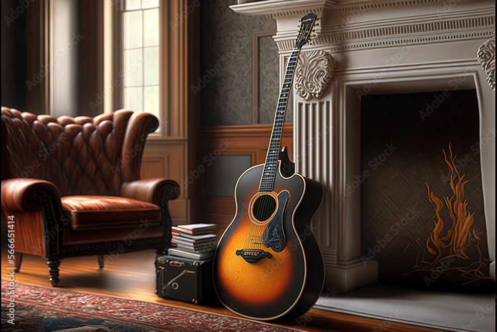 Guitar leaning near fireplace behind chaise in living room Stock  Illustration