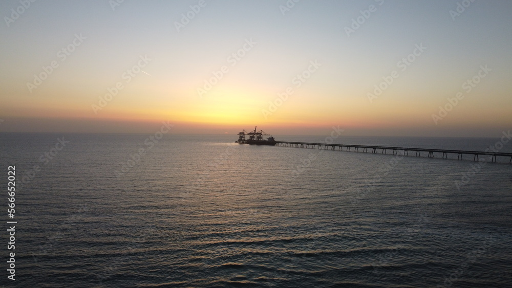 Summer sunset views of the Mediterranean sea. Clear blue sky with aerial capture