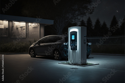 Electric car charging stations at night. Ai generative