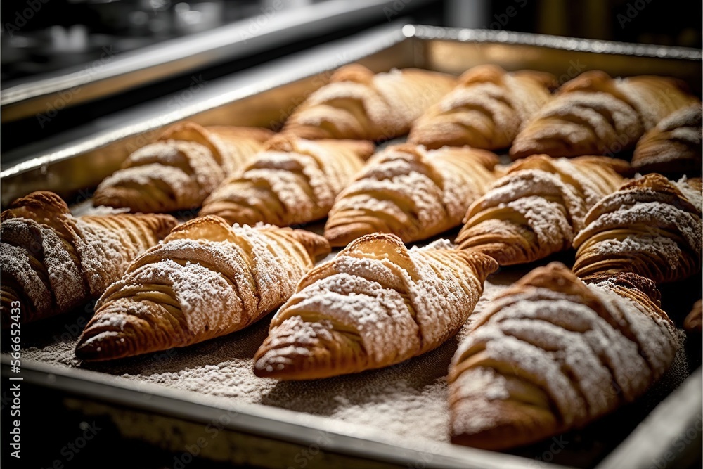  a bunch of croissants that are sitting on a tray in a kitchen with powdered sugar on top of the croissants.  generative ai
