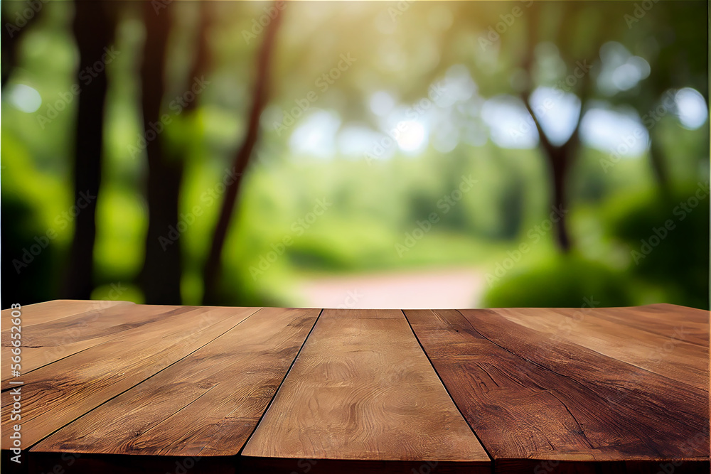 Park background with a wooden table top on the foreground, generative AI Park background with a wooden table top on the foreground, generative AI