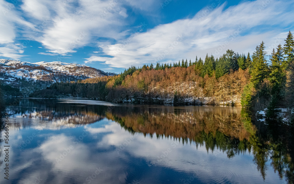 A Scottish winter landscape at Loch Faskally, near Pitlochry, Highland Perthshire, Scotland, UK