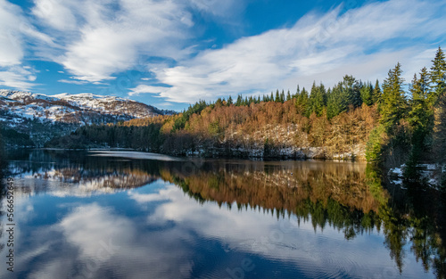 A Scottish winter landscape at Loch Faskally, near Pitlochry, Highland Perthshire, Scotland, UK
