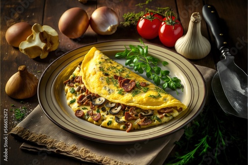  an omelet on a plate with mushrooms  tomatoes  garlic  and other ingredients on a wooden table with a knife and fork.  generative ai