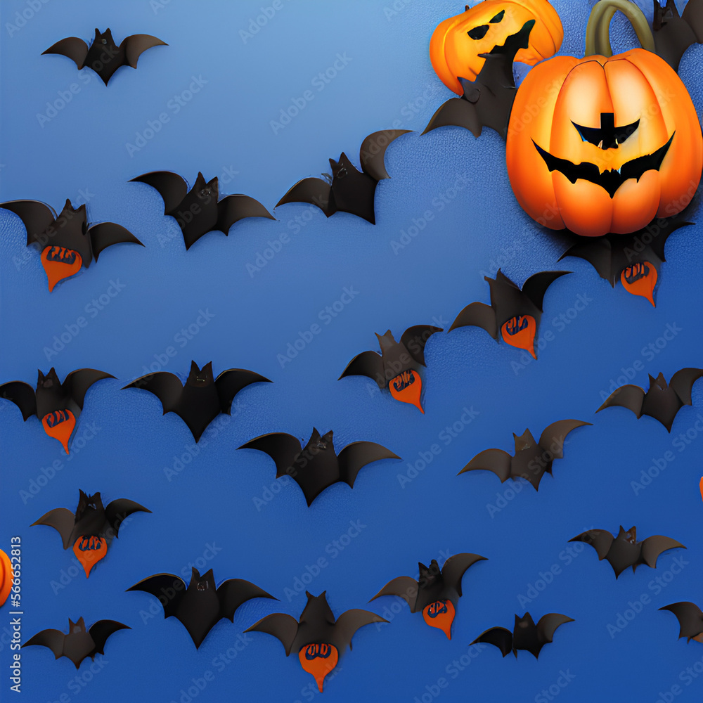 Fototapeta premium halloween frame with party decorations of bats ghosts spiders on blue background from above