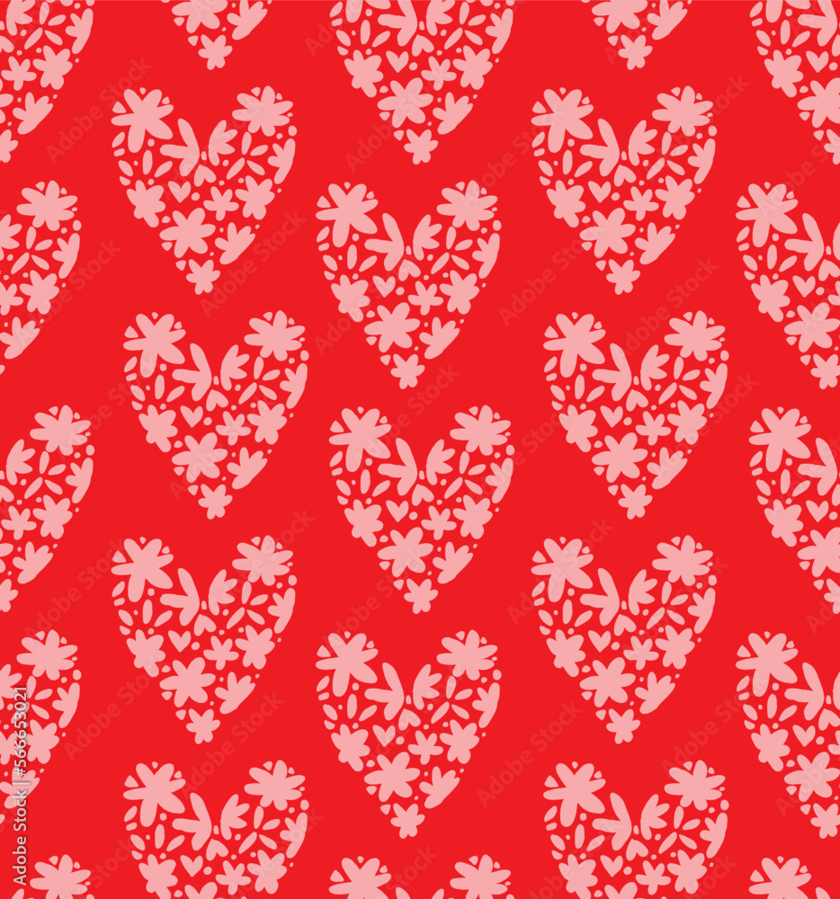 Simple Romantic Seamless Vector Pattern with Pink Hearts Isolated on a Red Background. Hand Drawn Valentine Print with Hearts made of Flowers ideal for Fabric, Textile, Wrapping Paper. 