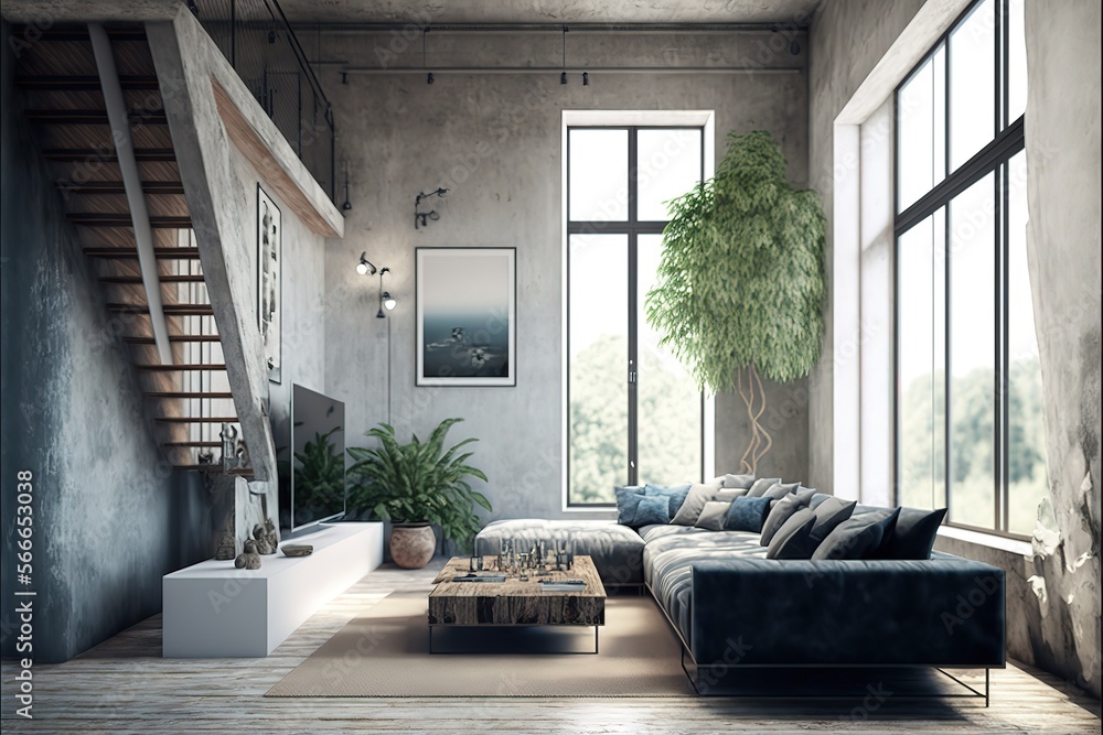 concrete living room interior in loft, industrial style