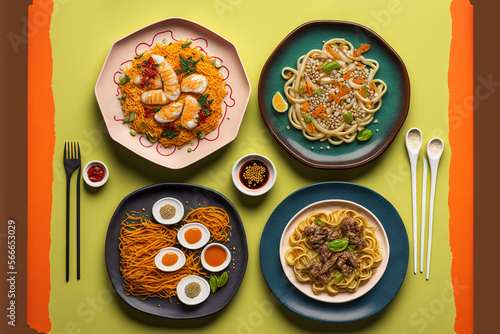  a table topped with plates of food and chopsticks next to a plate of noodles and shrimp and a plate of noodles and sauce.  generative ai