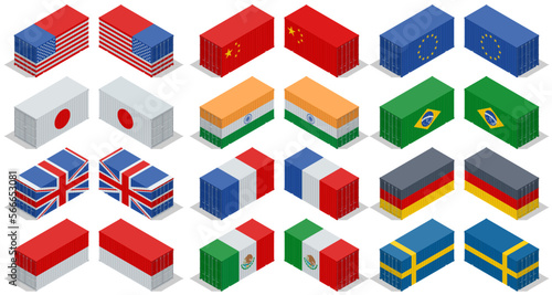 Isometric shipping container with flag of the United States, India, Brasil, UK, Germany, Korea South, Argentina, Mexico, Indonesia, Saudi Arabia