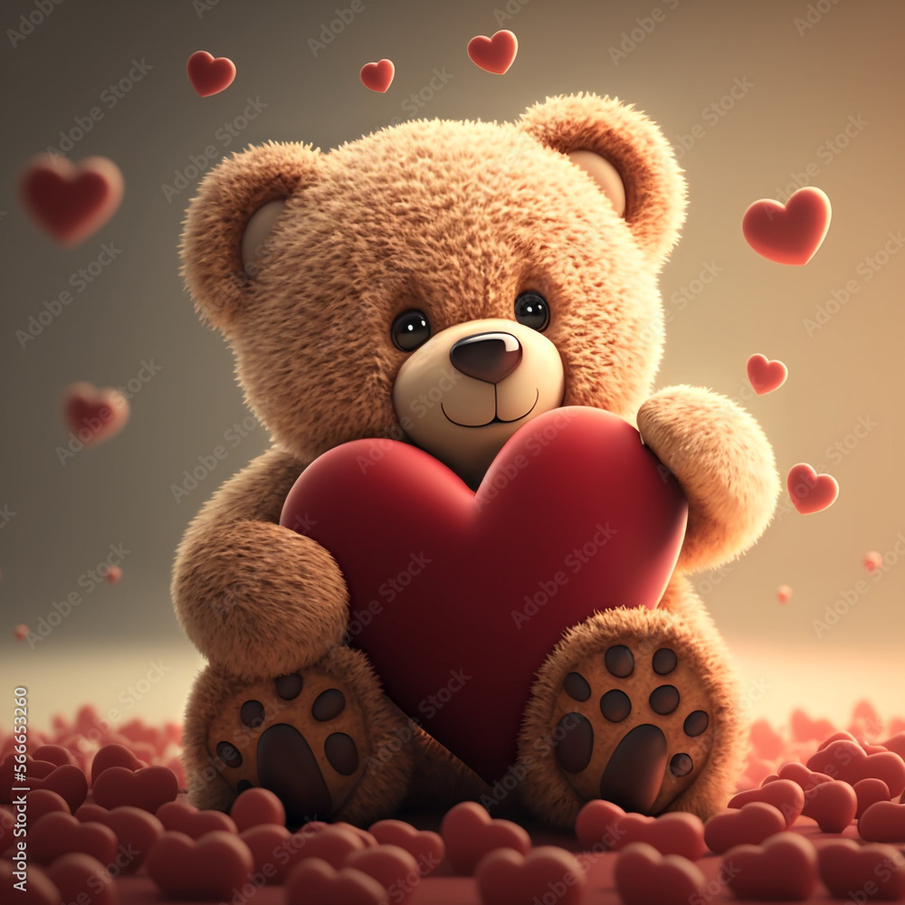Cute teddy bear hugging a big red heart. Valentine's day concept. Post-produced  generative AI. Stock Illustration | Adobe Stock