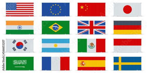 Flat shipping container with flag of the United States, India, Brasil, UK, Germany, Korea South, Argentina, Mexico, Indonesia and Saudi Arabia