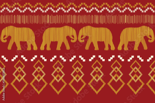 Ethnic Ikat fabric pattern geometric style.African Ikat embroidery elephant Ethnic oriental pattern crimson red background. Abstract,vector,illustration.Texture,clothing,wrapping,decoration,carpet.