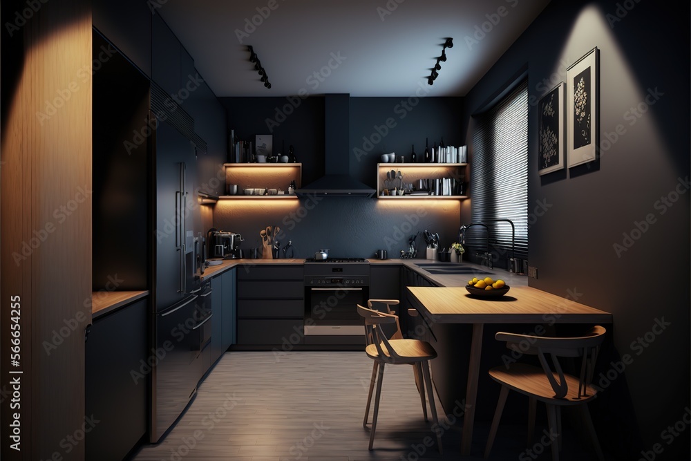 Modern minimalist kitchen equipped with a stylish look, with dark interior
