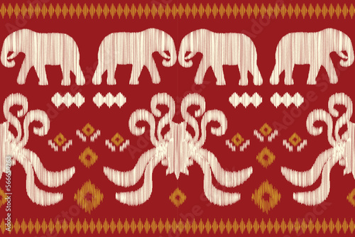 Ethnic Ikat fabric pattern geometric style.African Ikat embroidery elephant Ethnic oriental pattern crimson red background. Abstract,vector,illustration.Texture,clothing,wrapping,decoration,carpet.
