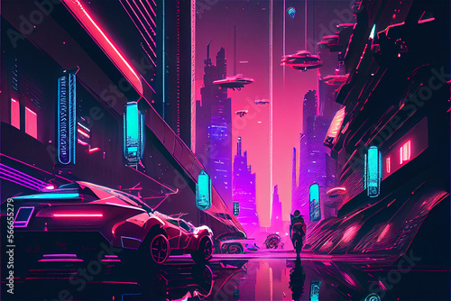 Futuristic city with high-rise buildings and flying cars with glowing neon lights, comic style, generative AI
