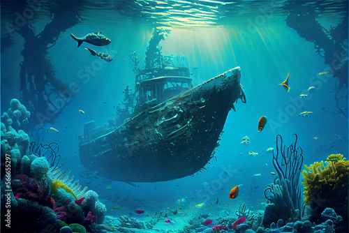 shipwreck under the sea by the coral reef with colorful fish, generative AI © FrankBoston