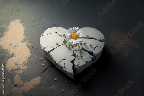 White daisy growing out of a cracked stone heart. Recovery from heartbreak concept. Created with generative AI technology. photo