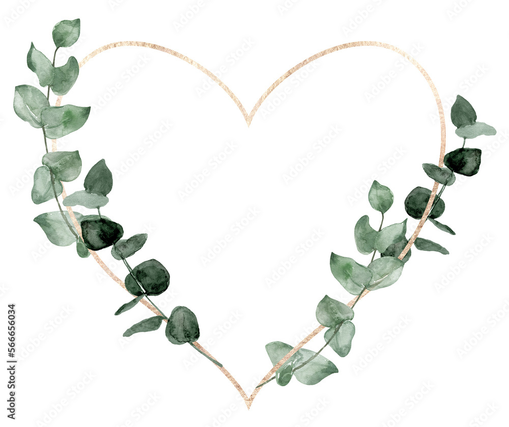 Heart-shaped leaf frame. Watercolor floral wreath made of green foliage