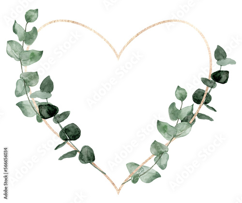 Heart-shaped leaf frame. Watercolor floral wreath made of green foliage and eucalyptus branches. PNg clipart on transparent background.