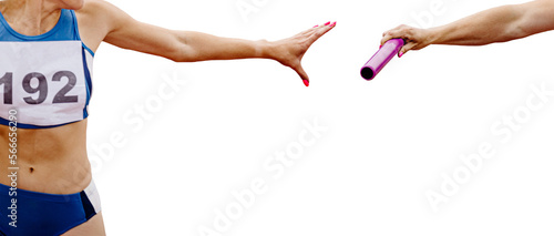girl athlete runner passing relay baton run