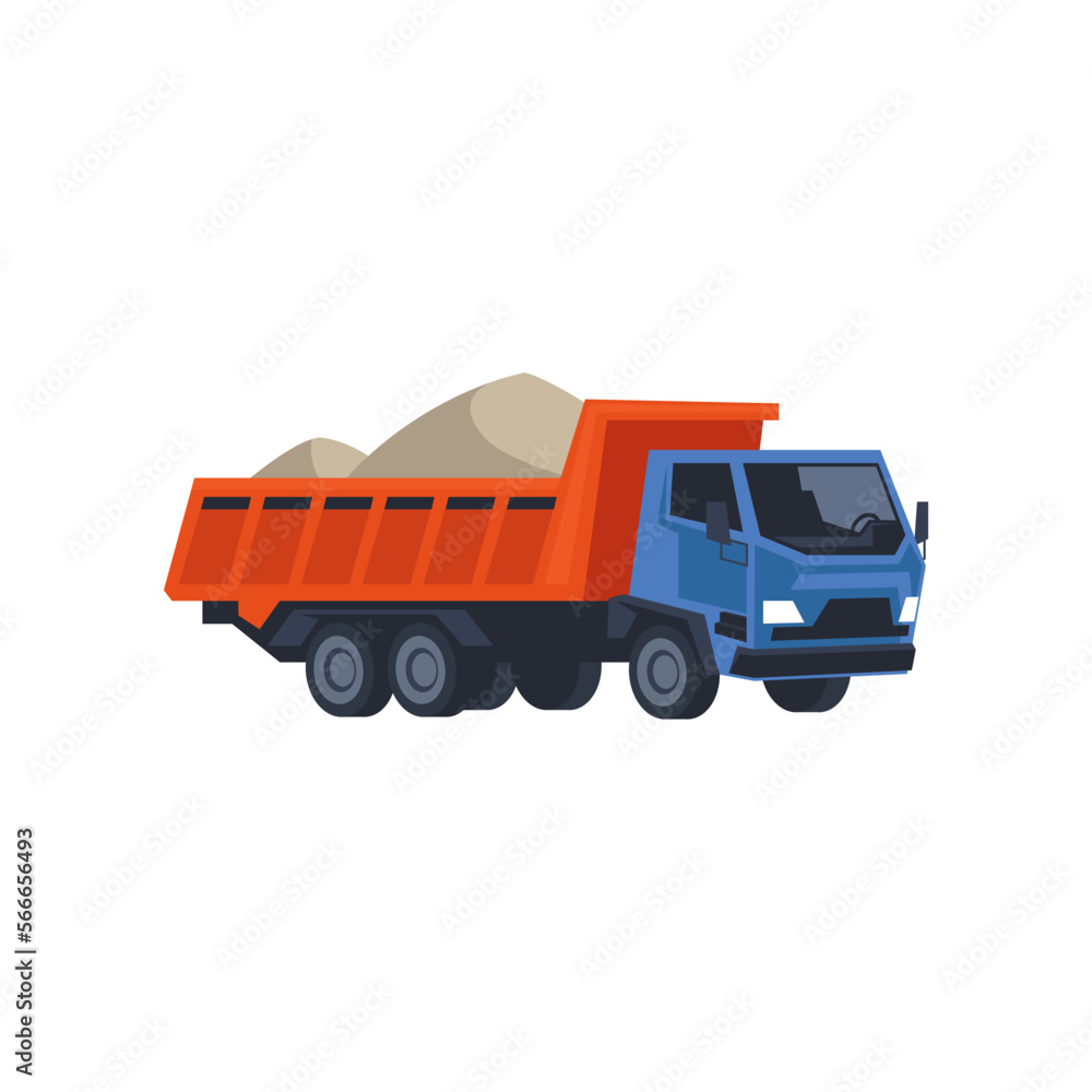 Cartoon truck with sand isolated on white. Construction machines. Vector illustration of heavy machinery for building. Industry concept