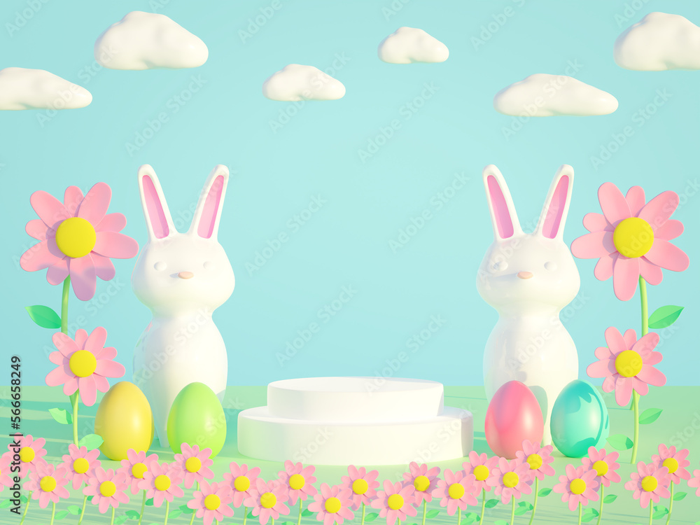 Colorful 3D rendering podium display with easter eggs,cute flower and rabbit.Empty showcase for product presentation. Colorful 3D rendering podium display with easter eggs,cute flower and rabbit.Empty showcase for product presentation.
