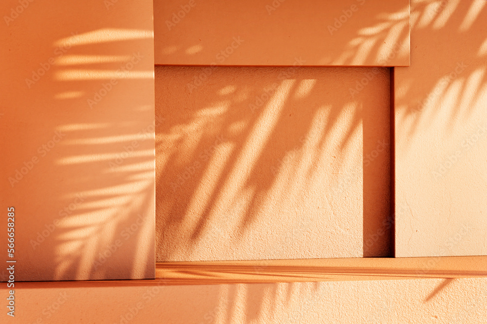 Minimal product placement background with palm shadow on plaster wall. Luxury summer architecture interior aesthetic. Creative boho concept home product platform stage mockup - obrazy, fototapety, plakaty 
